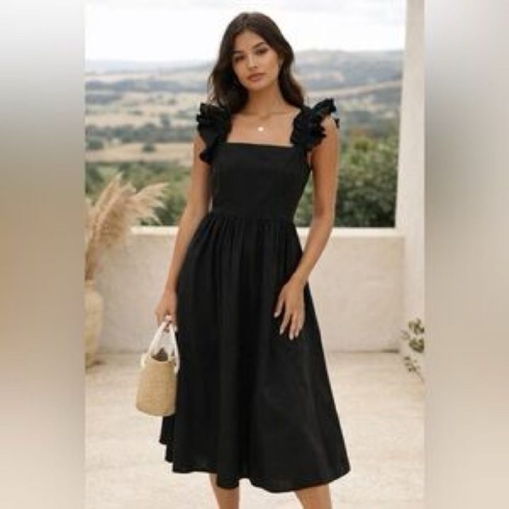 Wayf Black Midi Dress with Ruffle Sleeves